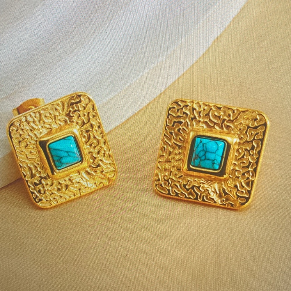 Gold and Turquoise Square Earrings